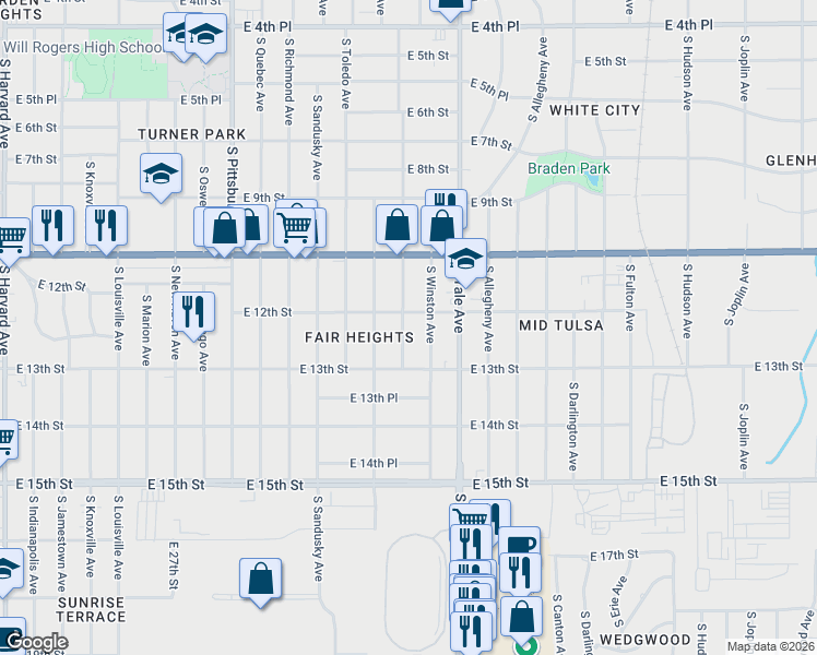 map of restaurants, bars, coffee shops, grocery stores, and more near 1214 South Vandalia Avenue in Tulsa