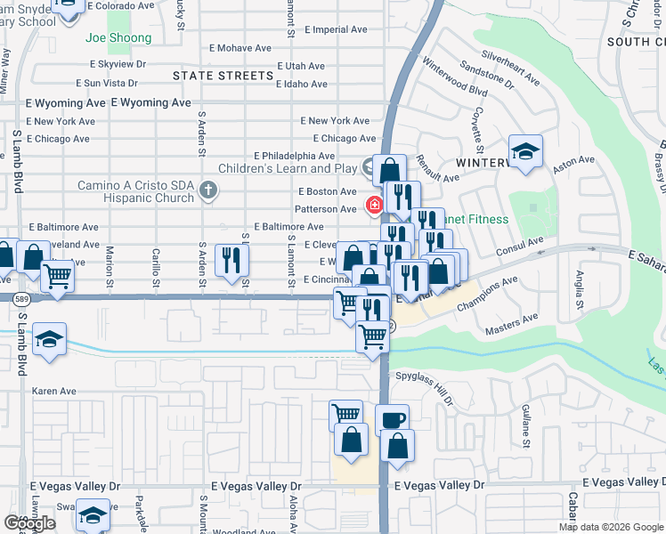 map of restaurants, bars, coffee shops, grocery stores, and more near 4895 Welter Avenue in Las Vegas