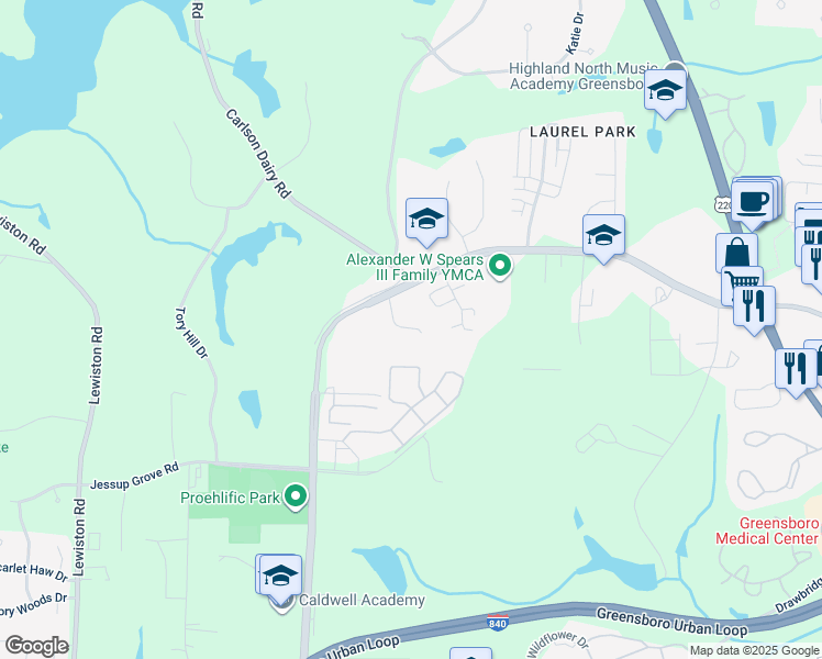 map of restaurants, bars, coffee shops, grocery stores, and more near 4304 Brinton Drive in Greensboro