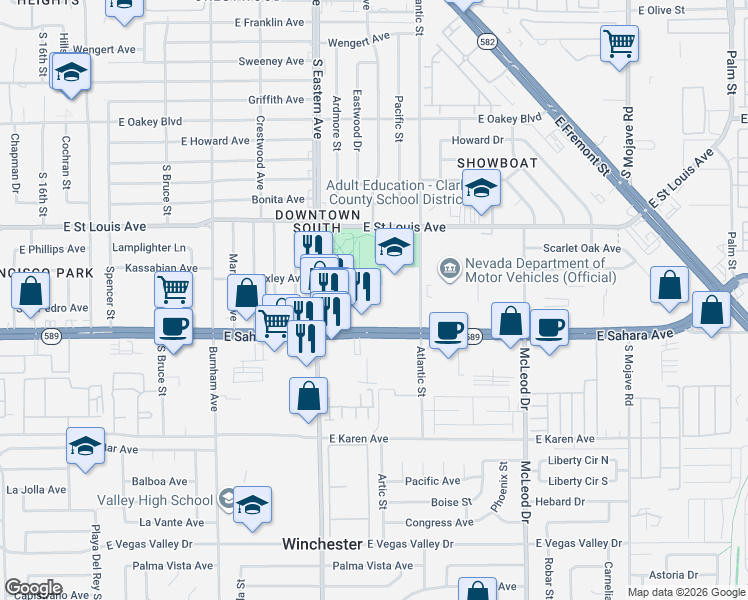 map of restaurants, bars, coffee shops, grocery stores, and more near 2333 East Sahara Avenue in Las Vegas
