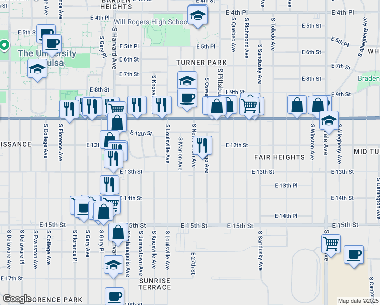 map of restaurants, bars, coffee shops, grocery stores, and more near 1214 South New Haven Avenue in Tulsa
