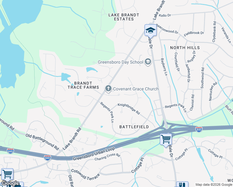 map of restaurants, bars, coffee shops, grocery stores, and more near 3 Penton Ridge Court in Greensboro