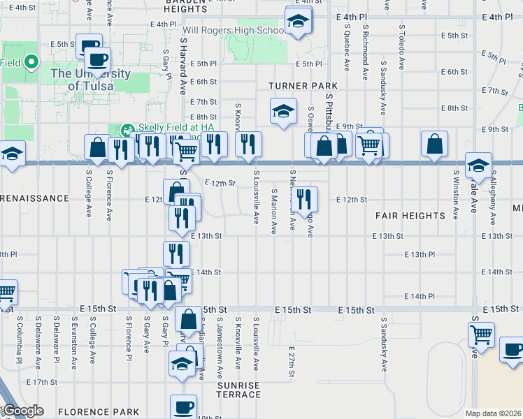 map of restaurants, bars, coffee shops, grocery stores, and more near 1213 South Louisville Avenue in Tulsa