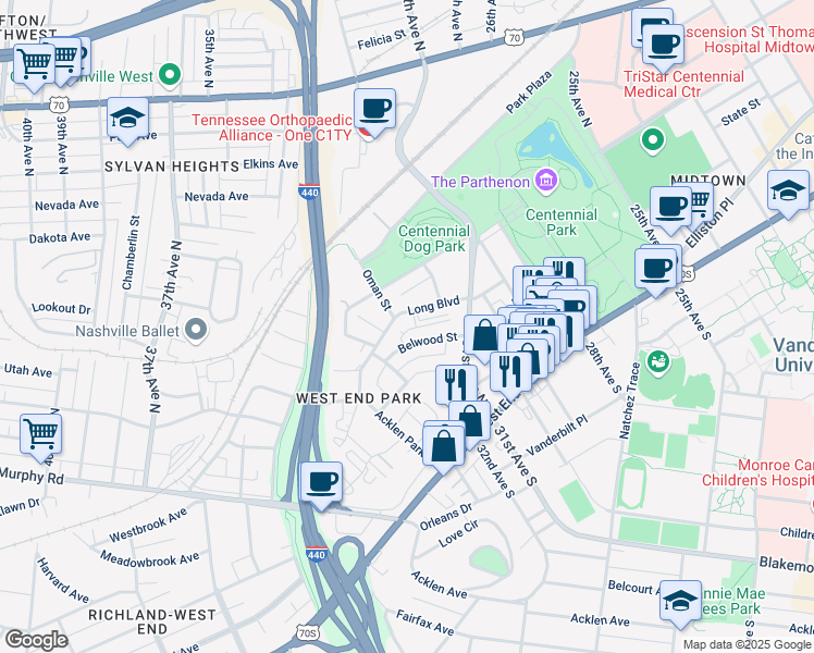 map of restaurants, bars, coffee shops, grocery stores, and more near 3127 Long Boulevard in Nashville
