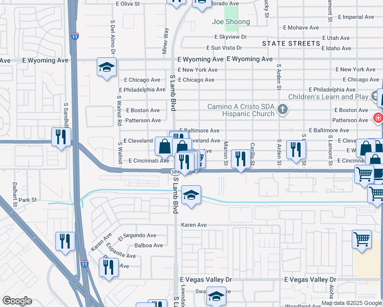 map of restaurants, bars, coffee shops, grocery stores, and more near 4263 Welter Avenue in Las Vegas