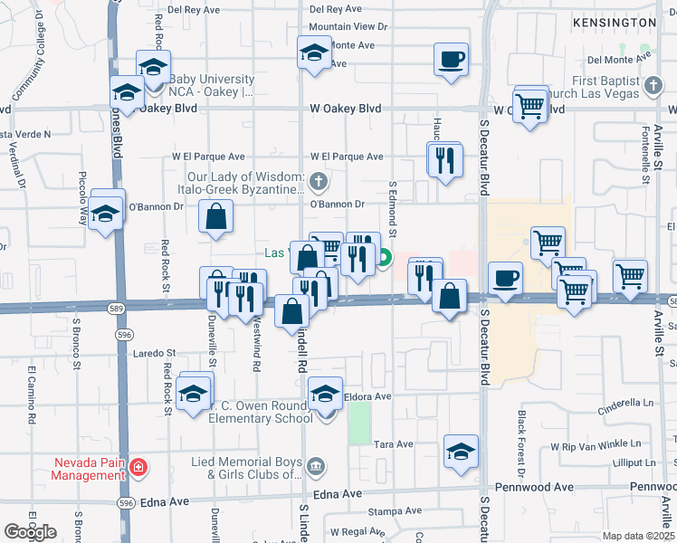 map of restaurants, bars, coffee shops, grocery stores, and more near 5420 West Sahara Avenue in Las Vegas