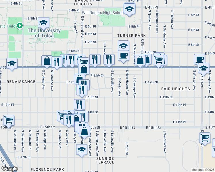 map of restaurants, bars, coffee shops, grocery stores, and more near 1231 South Knoxville Avenue in Tulsa