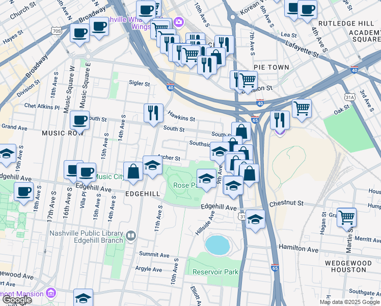 map of restaurants, bars, coffee shops, grocery stores, and more near 940 Archer Street in Nashville