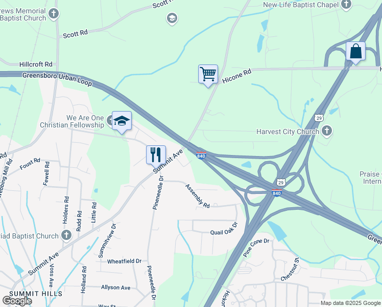 map of restaurants, bars, coffee shops, grocery stores, and more near 5011 Bullard Loop in Greensboro