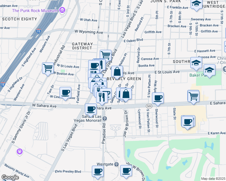 map of restaurants, bars, coffee shops, grocery stores, and more near 2117 Paradise Road in Las Vegas