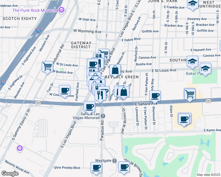 map of restaurants, bars, coffee shops, grocery stores, and more near 2117 Paradise Road in Las Vegas