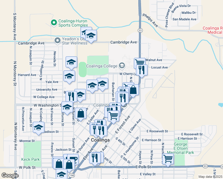 map of restaurants, bars, coffee shops, grocery stores, and more near 217 Buchanan Street in Coalinga