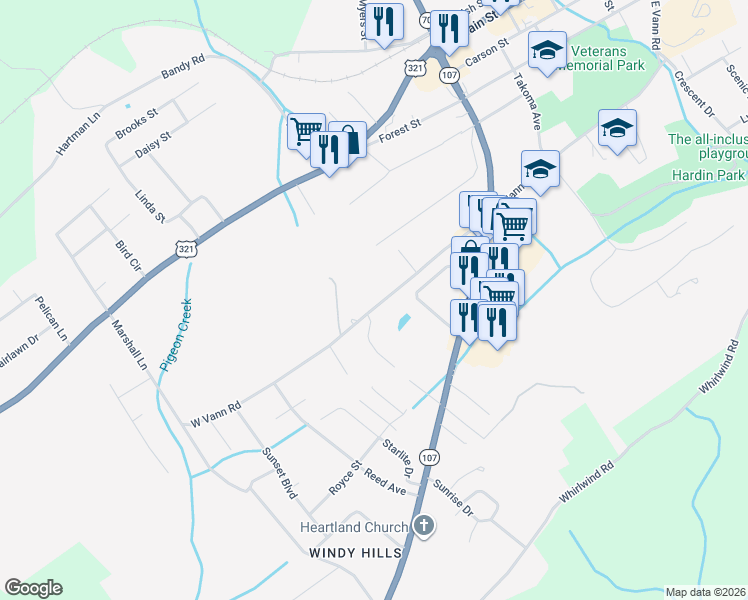 map of restaurants, bars, coffee shops, grocery stores, and more near 1046 West Vann Road in Greeneville