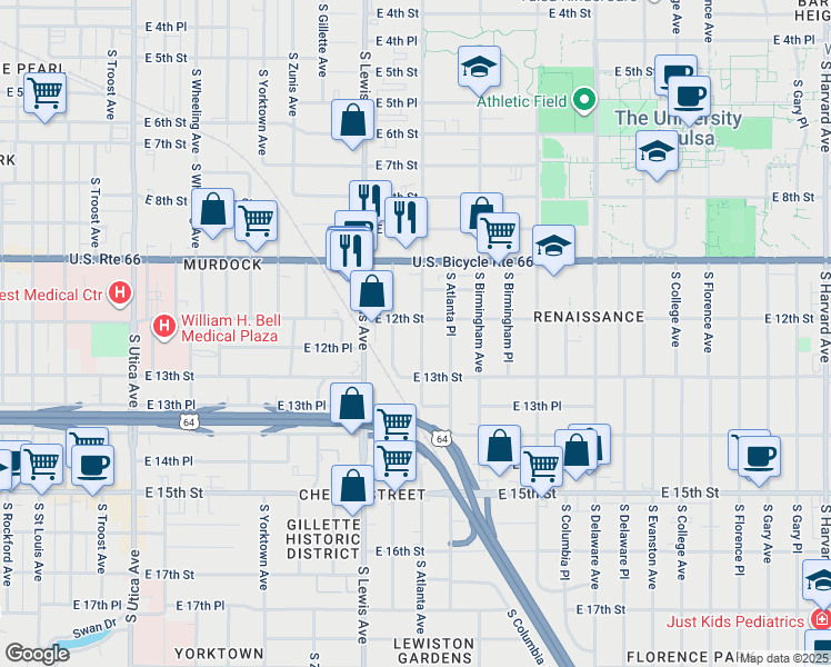 map of restaurants, bars, coffee shops, grocery stores, and more near 1212 South Atlanta Avenue in Tulsa