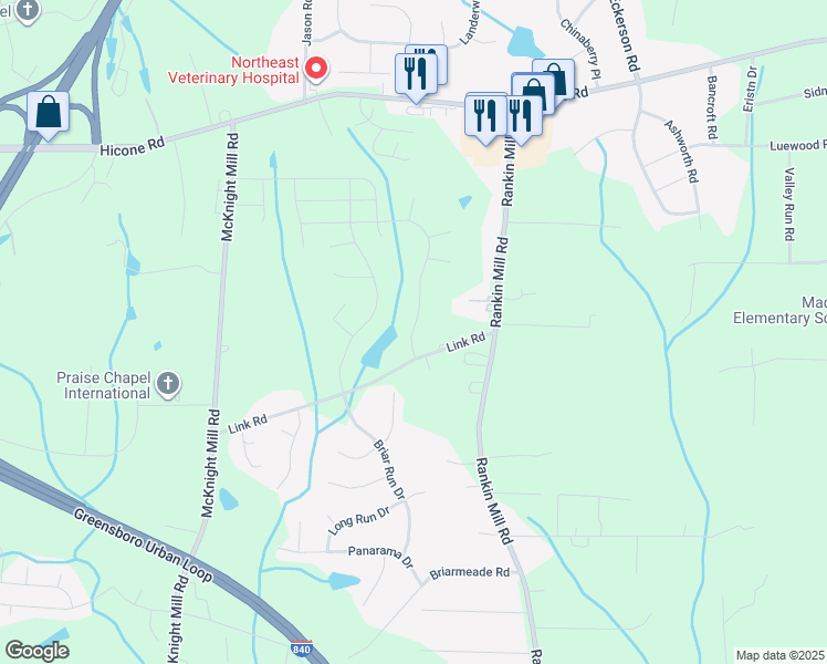 map of restaurants, bars, coffee shops, grocery stores, and more near 2009 Rim Road in Greensboro