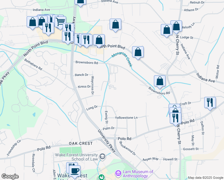 map of restaurants, bars, coffee shops, grocery stores, and more near 4190 Trace View Drive in Winston-Salem