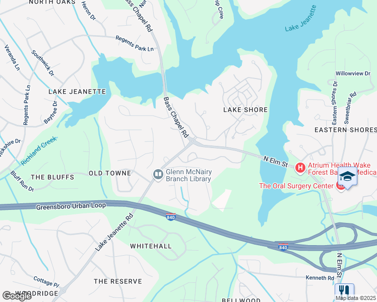 map of restaurants, bars, coffee shops, grocery stores, and more near 122 Shore Lake Drive in Greensboro