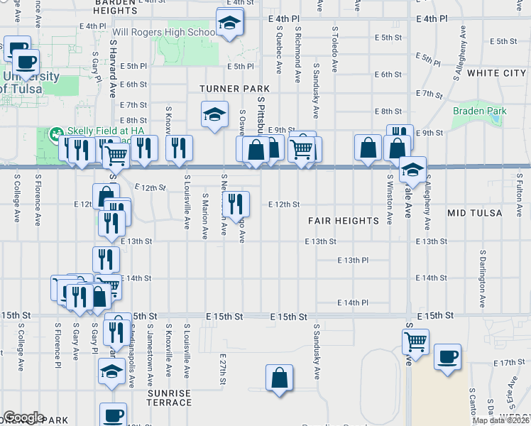 map of restaurants, bars, coffee shops, grocery stores, and more near 1211 South Pittsburg Avenue in Tulsa