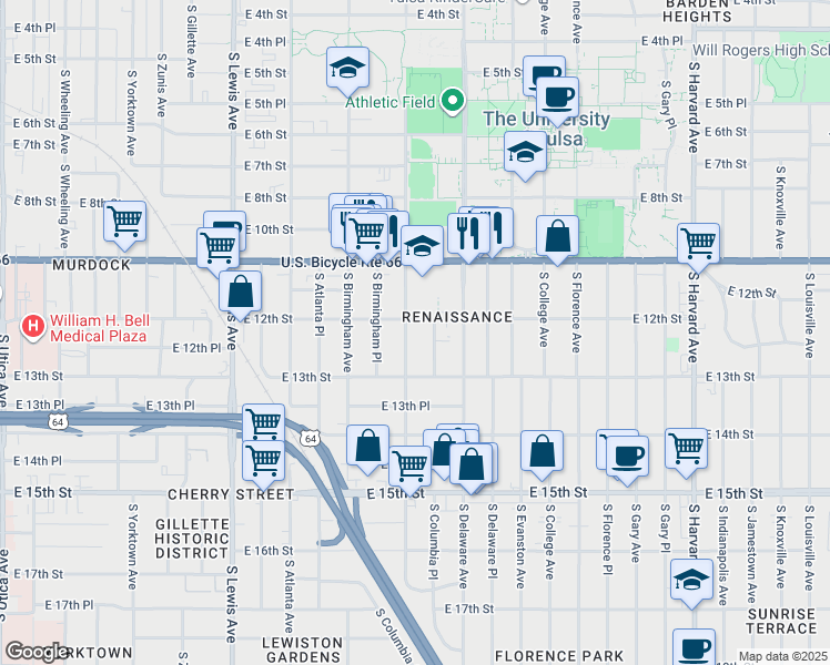 map of restaurants, bars, coffee shops, grocery stores, and more near 1220 South Columbia Place in Tulsa