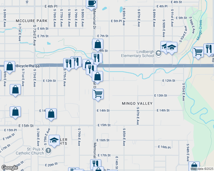 map of restaurants, bars, coffee shops, grocery stores, and more near 1216 South 83rd East Avenue in Tulsa
