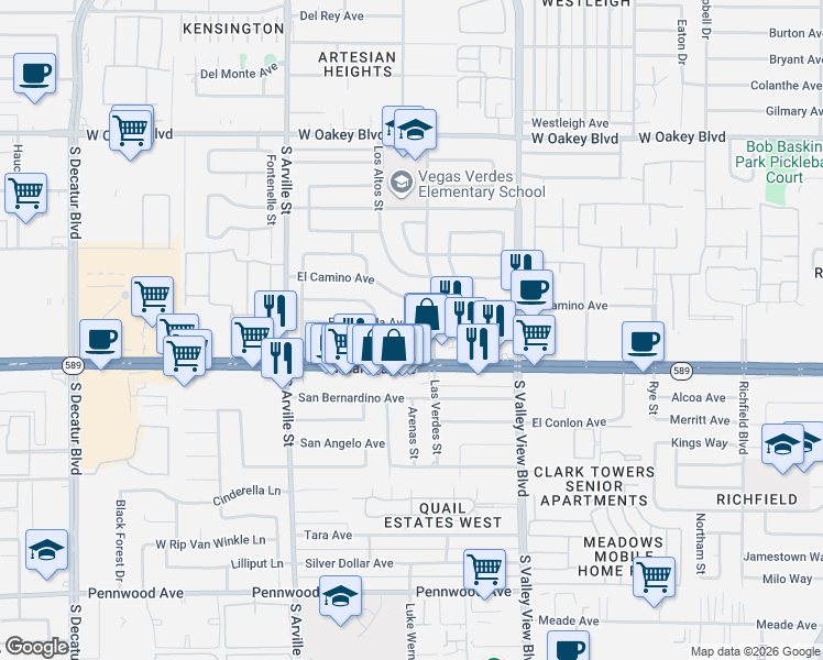 map of restaurants, bars, coffee shops, grocery stores, and more near 4025 Esmeralda Avenue in Las Vegas