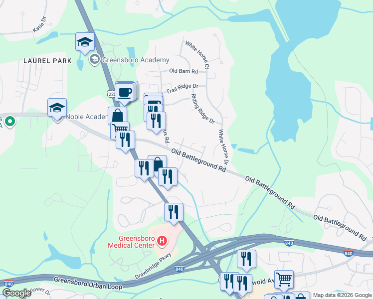 map of restaurants, bars, coffee shops, grocery stores, and more near 5033 Steepleshire Place in Greensboro