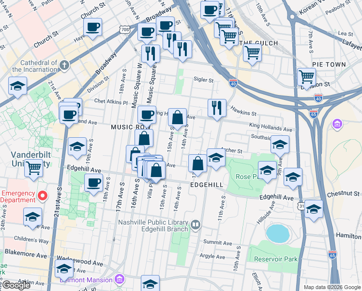 map of restaurants, bars, coffee shops, grocery stores, and more near 1012 15th Avenue in Nashville