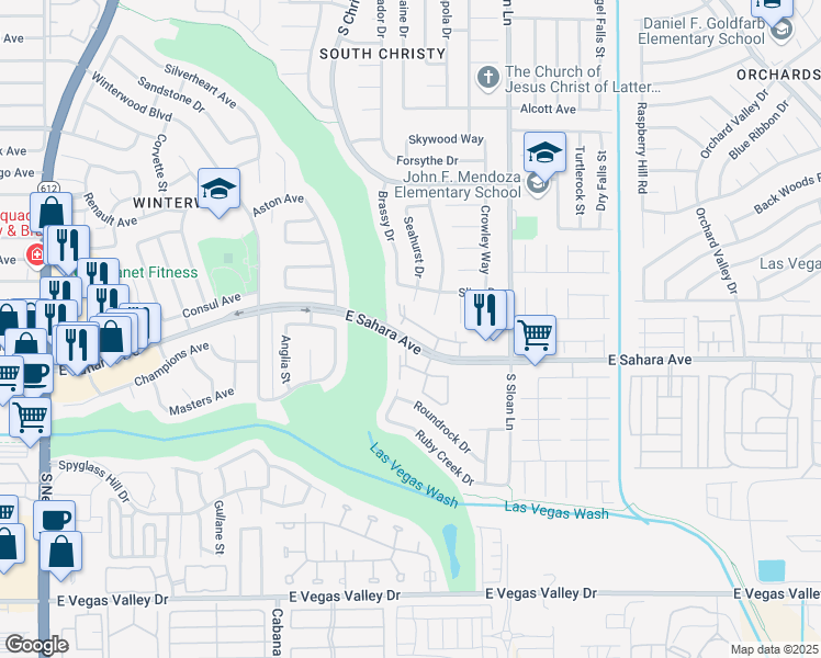 map of restaurants, bars, coffee shops, grocery stores, and more near 5650 East Sahara Avenue in Las Vegas