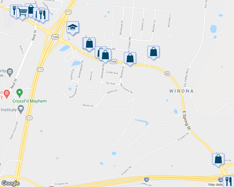 map of restaurants, bars, coffee shops, grocery stores, and more near 1030 Skyline Drive in Cookeville