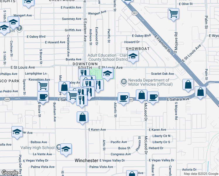 map of restaurants, bars, coffee shops, grocery stores, and more near 2296 Atlantic Street in Las Vegas