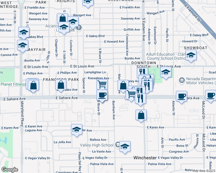 map of restaurants, bars, coffee shops, grocery stores, and more near 1840 East Sahara Avenue in Las Vegas