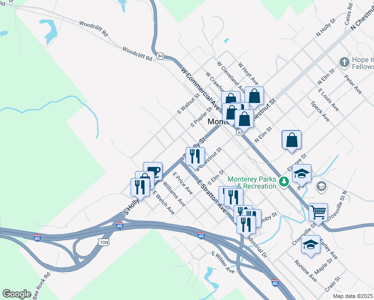 map of restaurants, bars, coffee shops, grocery stores, and more near 405 South Holly Street in Monterey