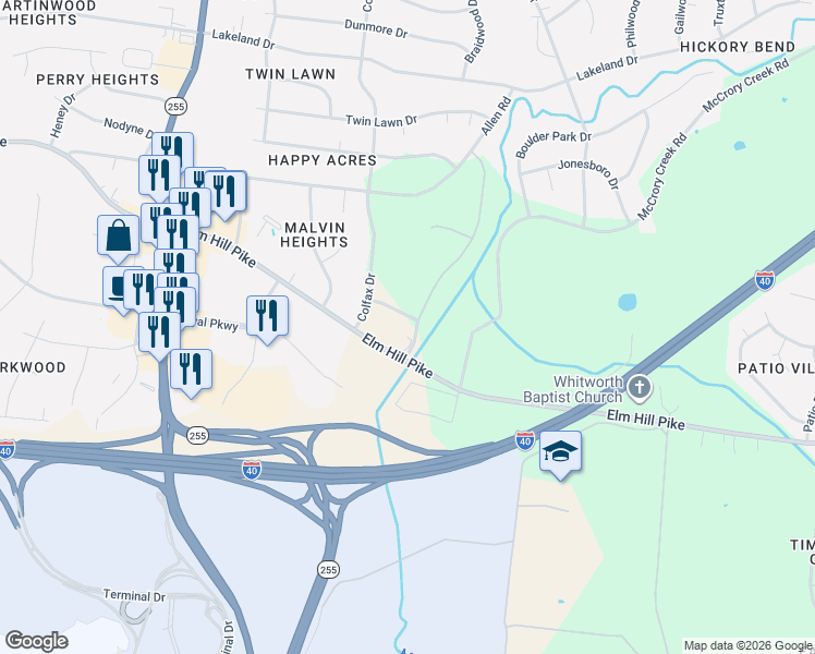 map of restaurants, bars, coffee shops, grocery stores, and more near 2913 Harper Place in Nashville