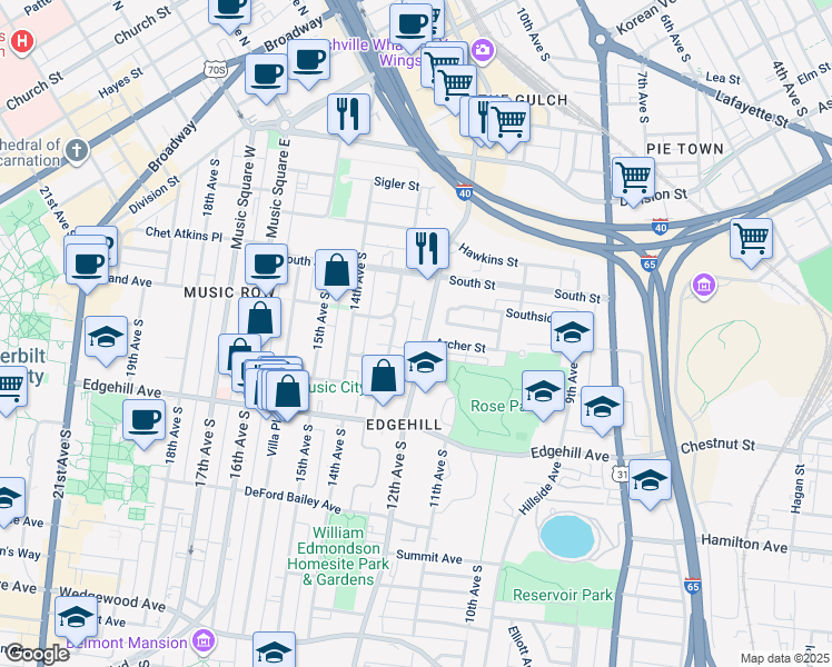 map of restaurants, bars, coffee shops, grocery stores, and more near 1018 13th Avenue South in Nashville