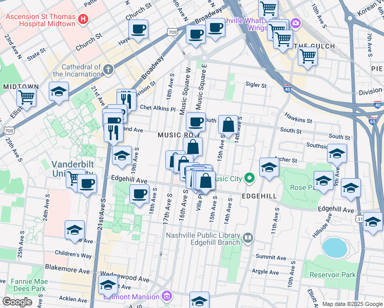 map of restaurants, bars, coffee shops, grocery stores, and more near 1017 16th Avenue in Nashville