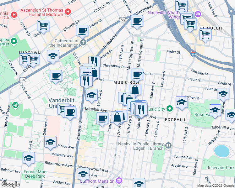 map of restaurants, bars, coffee shops, grocery stores, and more near 1021 17th Avenue South in Nashville