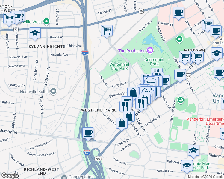 map of restaurants, bars, coffee shops, grocery stores, and more near 3127 Long Boulevard in Nashville