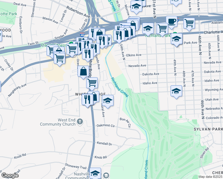 map of restaurants, bars, coffee shops, grocery stores, and more near 5400 Burgess Avenue in Nashville