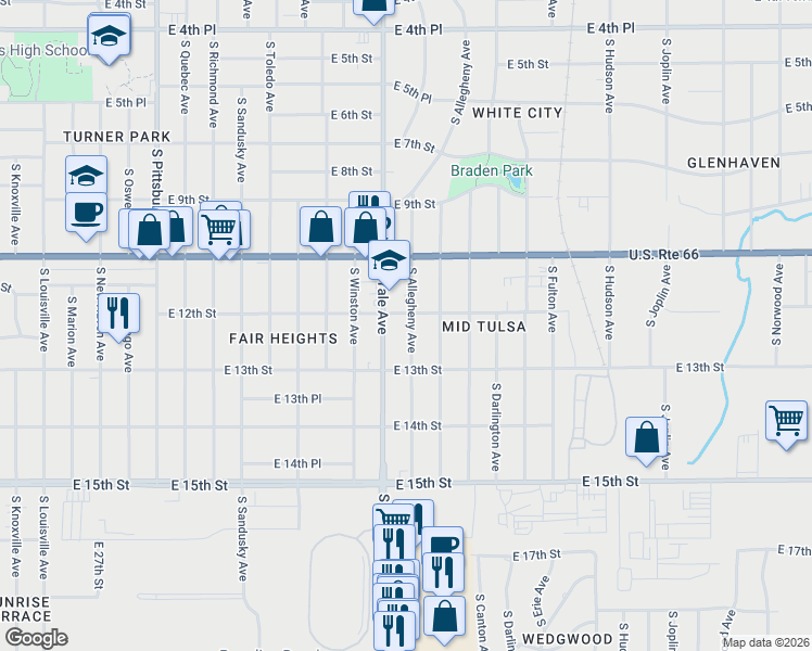 map of restaurants, bars, coffee shops, grocery stores, and more near 1211 South Yale Avenue in Tulsa