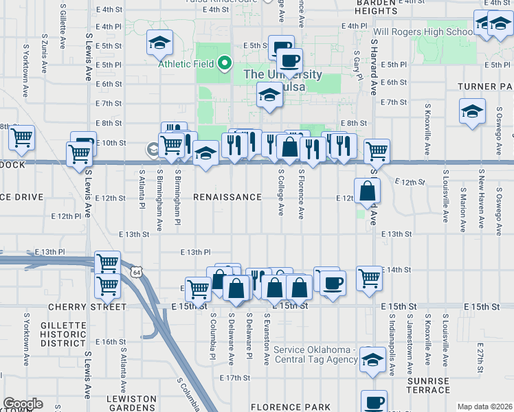 map of restaurants, bars, coffee shops, grocery stores, and more near 1214 South Evanston Avenue in Tulsa