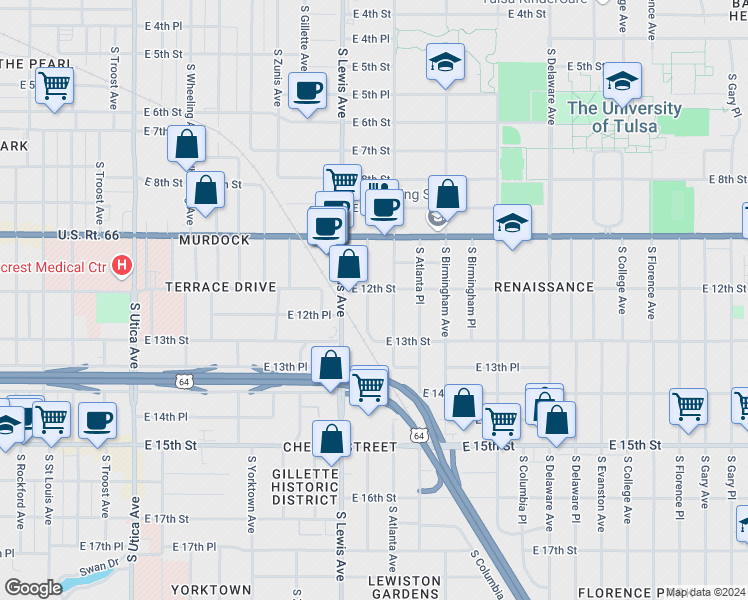 map of restaurants, bars, coffee shops, grocery stores, and more near 1212 South Atlanta Avenue in Tulsa