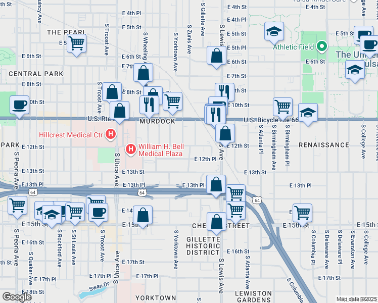 map of restaurants, bars, coffee shops, grocery stores, and more near 1200 South Zunis Avenue in Tulsa