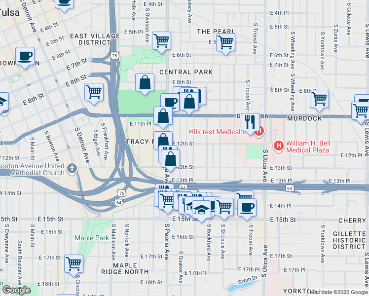 map of restaurants, bars, coffee shops, grocery stores, and more near 1214 South Quaker Avenue in Tulsa
