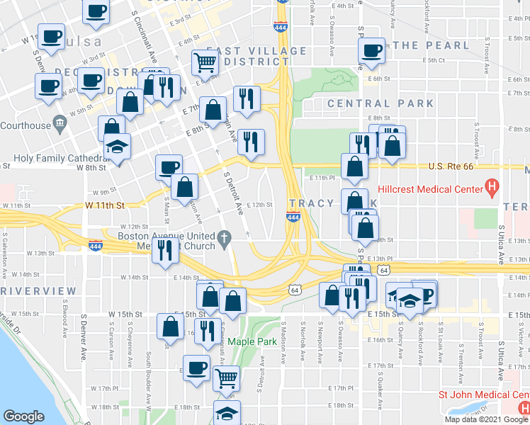 map of restaurants, bars, coffee shops, grocery stores, and more near 1212 South Elgin Avenue in Tulsa