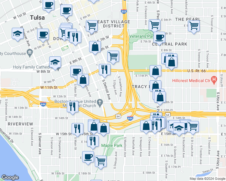 map of restaurants, bars, coffee shops, grocery stores, and more near 1212 South Elgin Avenue in Tulsa