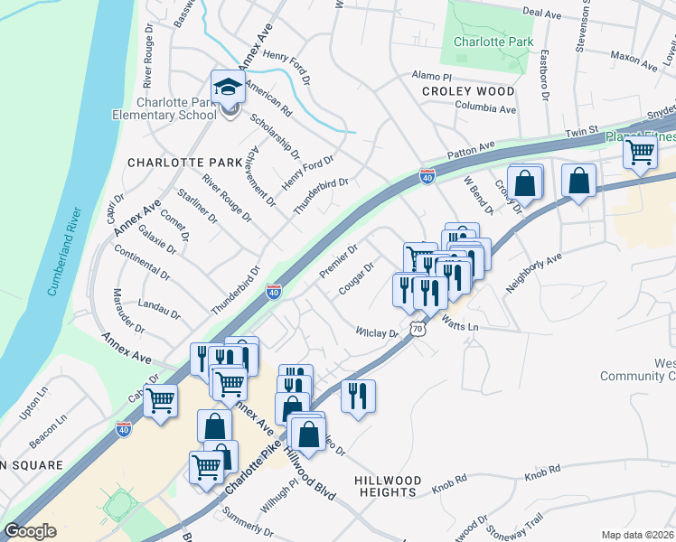 map of restaurants, bars, coffee shops, grocery stores, and more near 6520 Premier Drive in Nashville