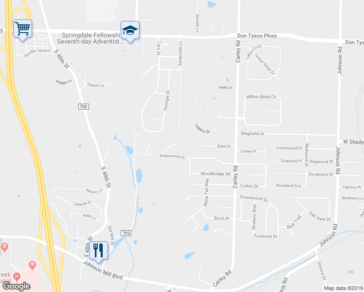 map of restaurants, bars, coffee shops, grocery stores, and more near 4401 Summerfield Circle in Springdale