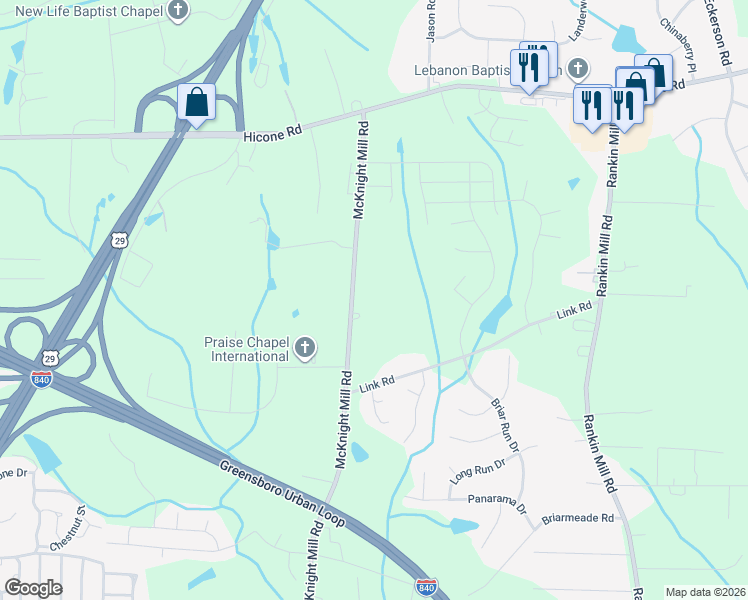 map of restaurants, bars, coffee shops, grocery stores, and more near 4606 McKnight Mill Road in Greensboro