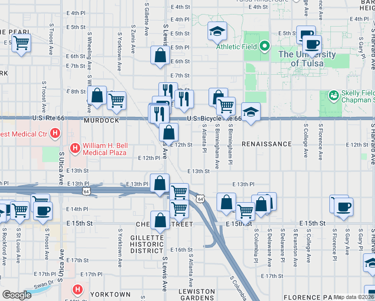 map of restaurants, bars, coffee shops, grocery stores, and more near 1212 South Atlanta Avenue in Tulsa