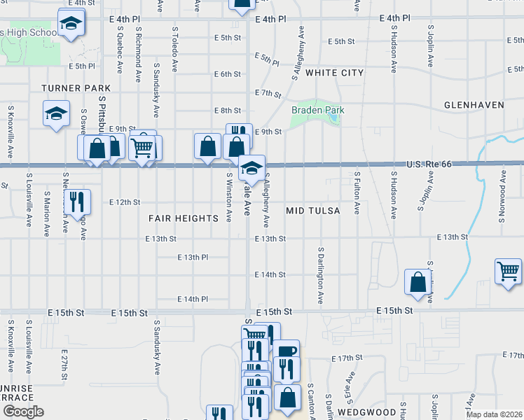 map of restaurants, bars, coffee shops, grocery stores, and more near 1211 South Yale Avenue in Tulsa